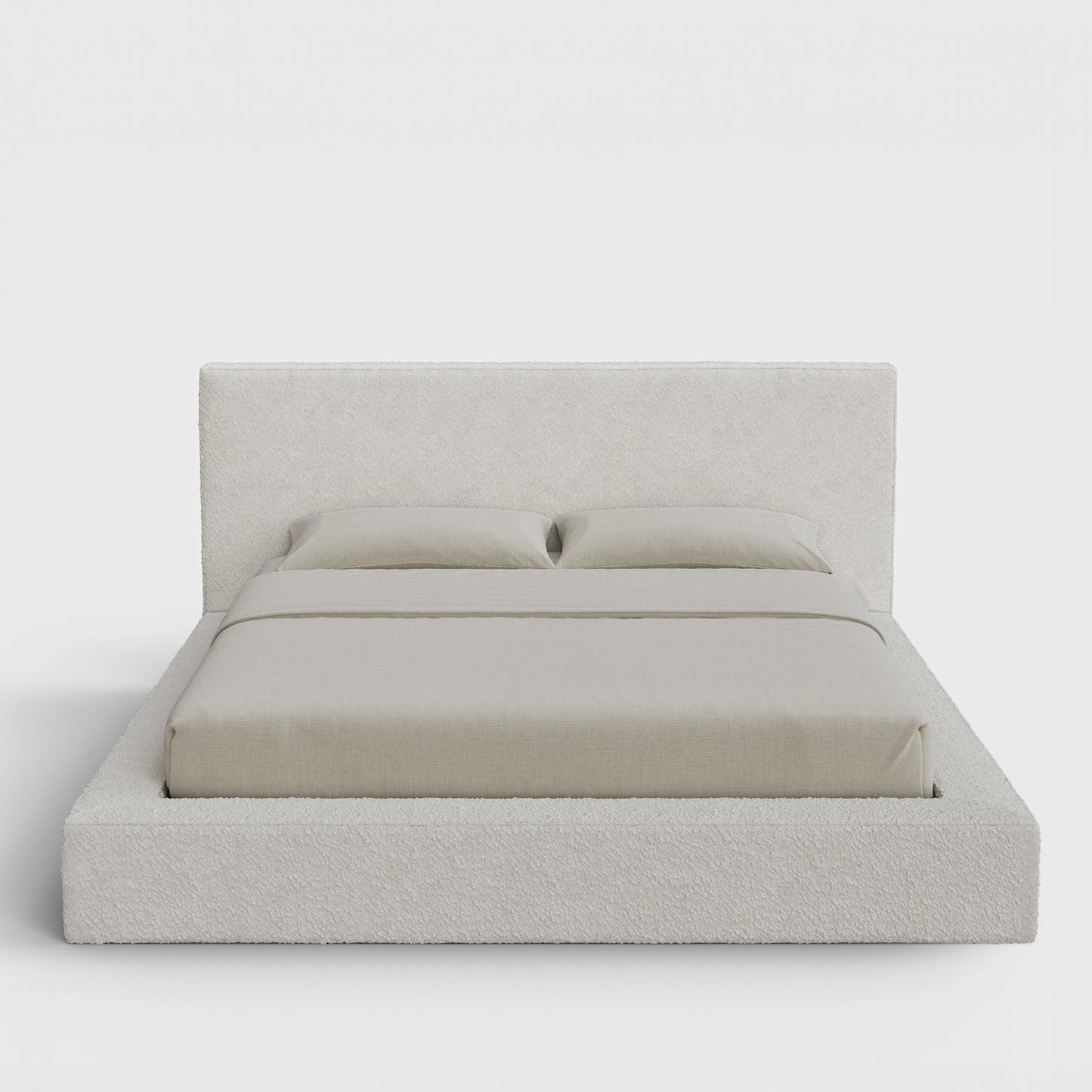 Ultra Bed Frame Set | Fully Cushioned with Rectangular Sides |  Cream Bouclé Fabric | Front View | SoftFrame Designs