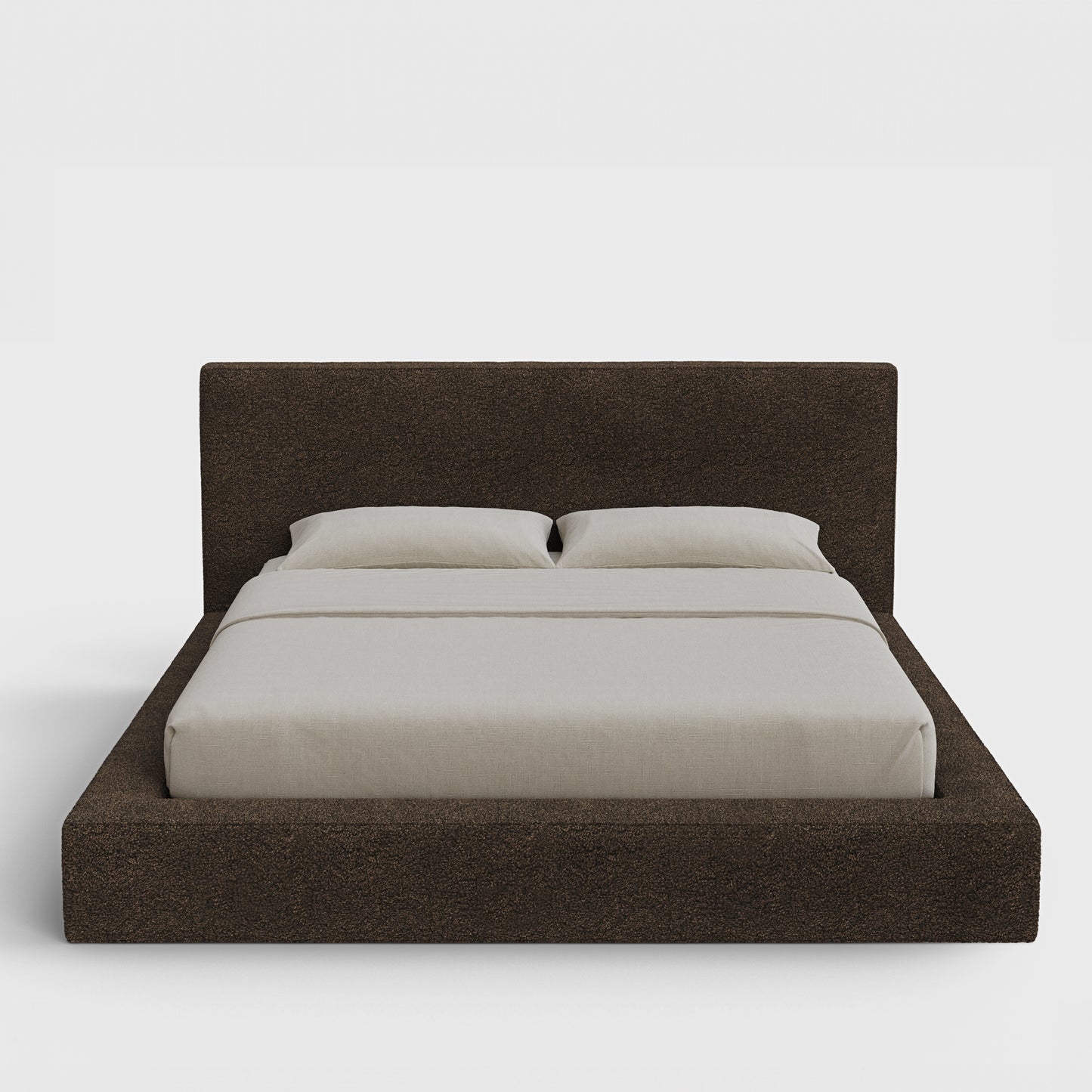 Ultra Bed Frame Set | Fully Cushioned with Rectangular Sides |  Chocolate Brown Boucle Fabric | Front View | SoftFrame Designs