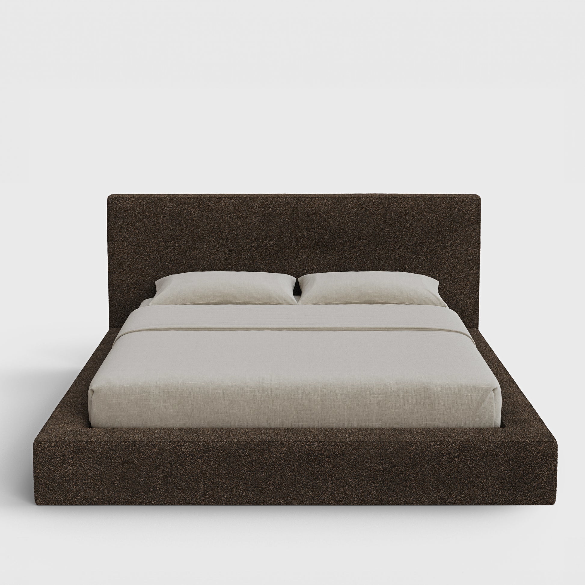 Ultra Bed Frame Set | Fully Cushioned with Rectangular Sides |  Chocolate Brown Boucle Fabric | Front View | SoftFrame Designs