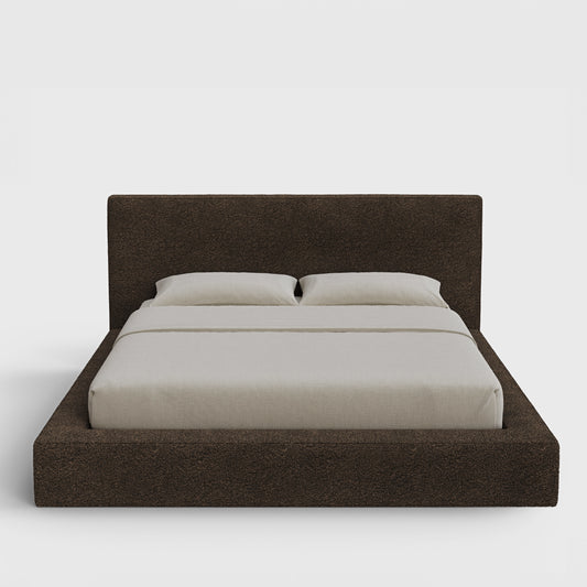 Ultra Bed Frame Set | Fully Cushioned with Rectangular Sides |  Chocolate Brown Boucle Fabric | Front View | SoftFrame Designs