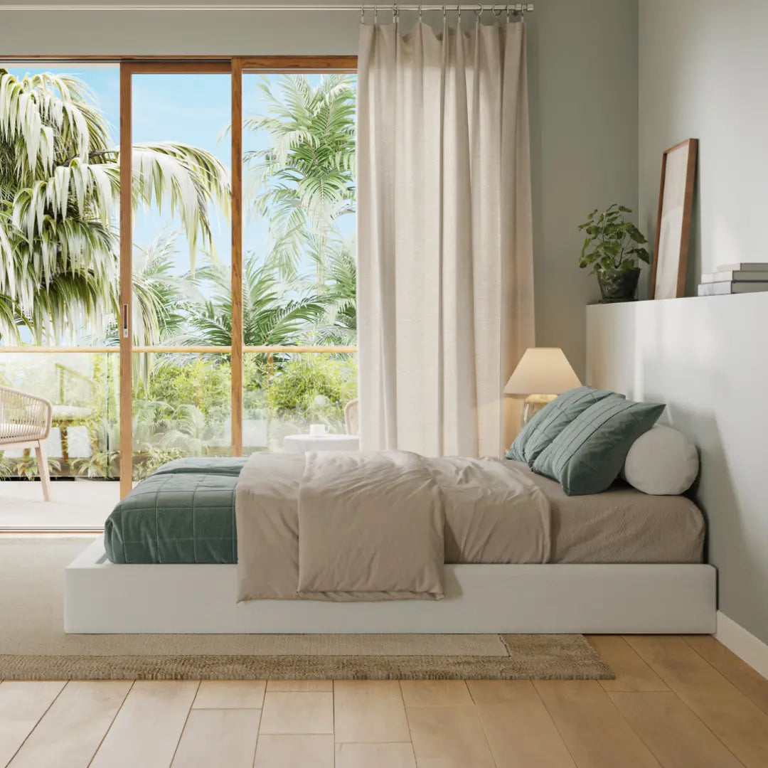 Classic bed frame white | White Headboard | side view | all cushion headboard | SoftFrame Designs |
