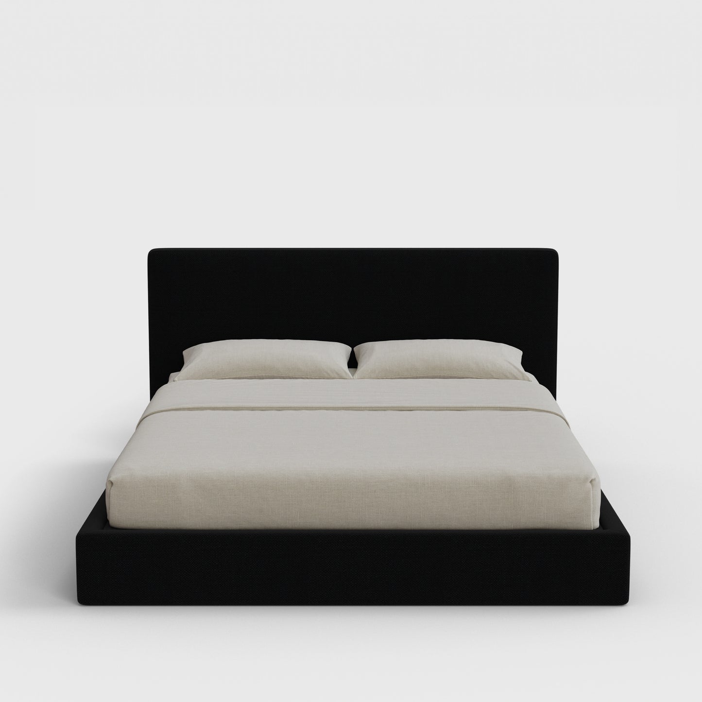 Classic Bed Frame Set | Fully Cushioned with Slim Rectangular Sides | Black Onyx Fabric | Front View | SoftFrame Designs