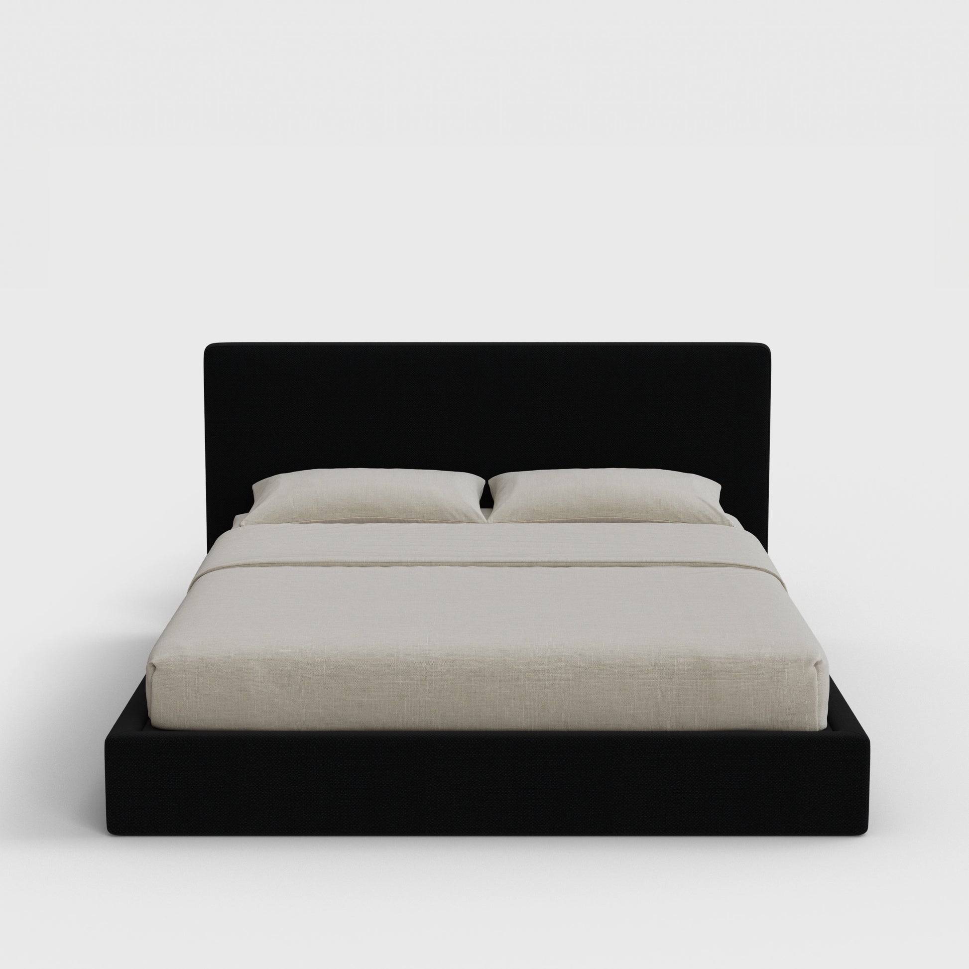 Classic Bed Frame Set | Fully Cushioned with Slim Rectangular Sides | Black Onyx Fabric | Front View | SoftFrame Designs