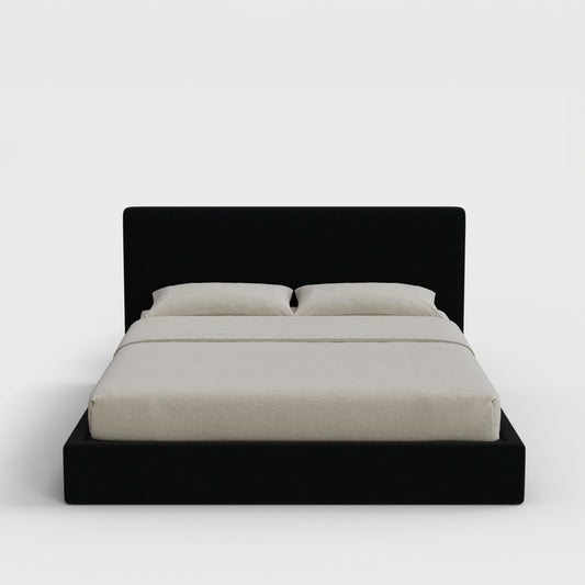 Classic Bed Frame Set | Fully Cushioned with Slim Rectangular Sides | Black Onyx Fabric | Front View | SoftFrame Designs