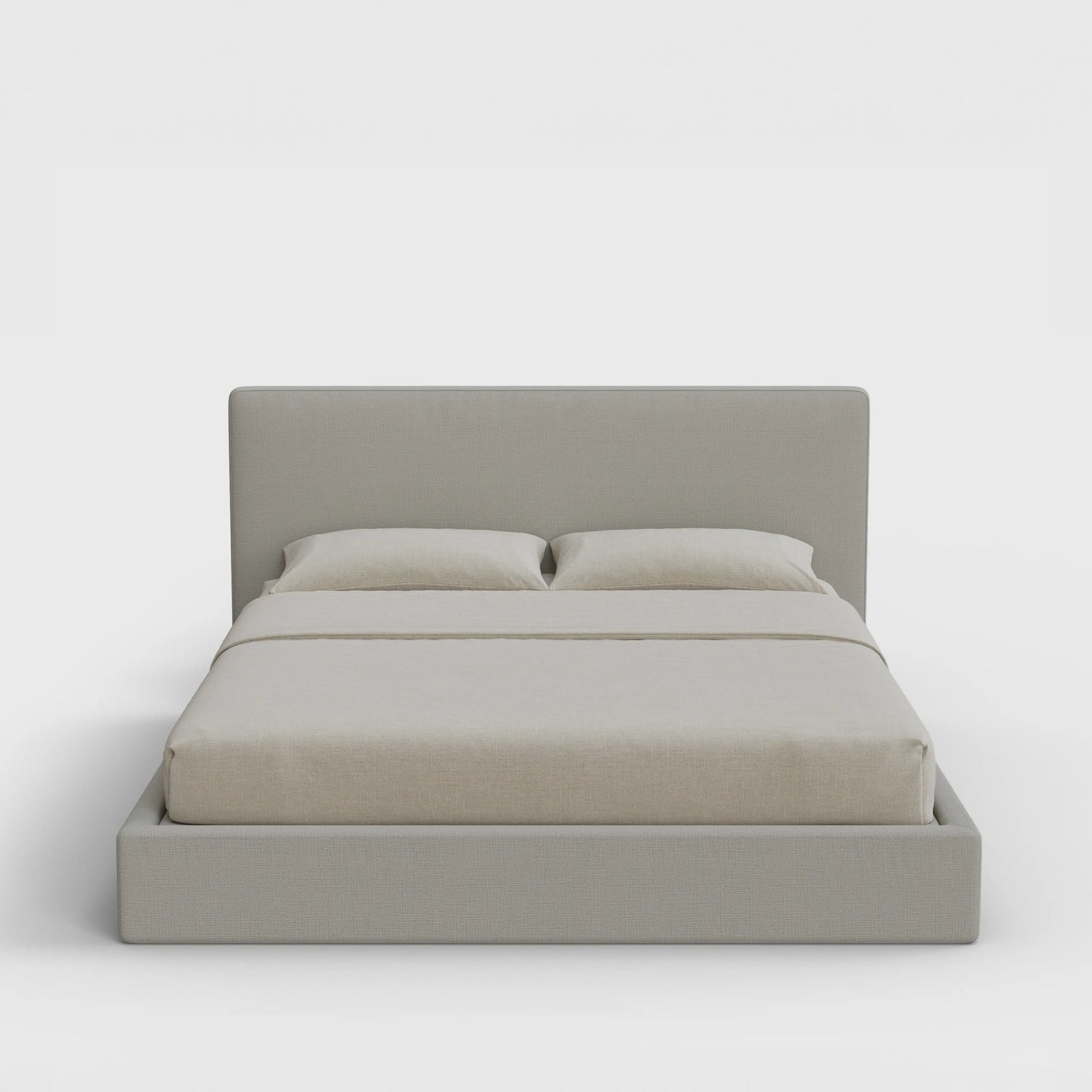 Classic Bed Frame Set | Fully Cushioned with Slim Rectangular Sides | Light Grey Moon Fabric | Front View | SoftFrame Designs