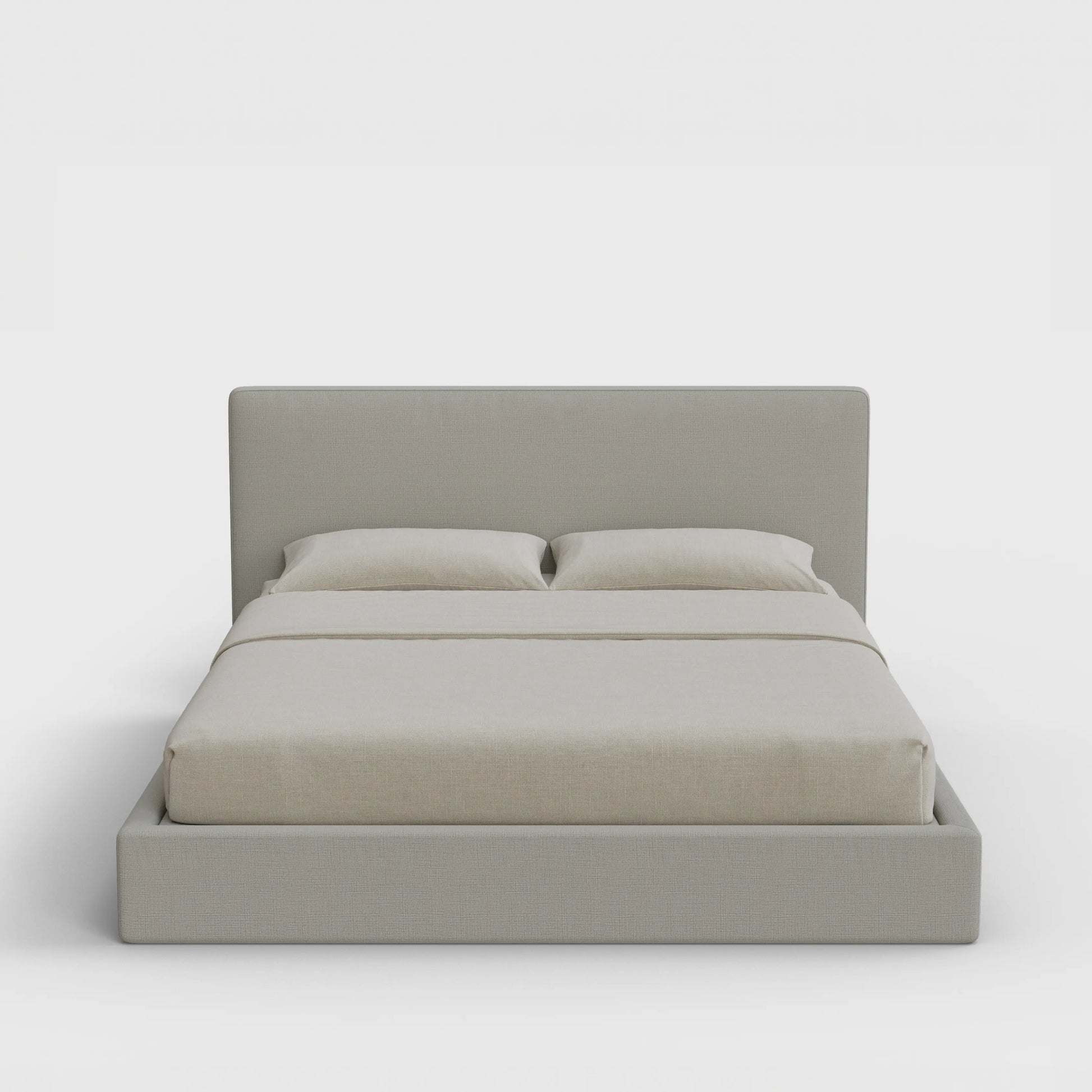 Classic Bed Frame Set | Fully Cushioned with Slim Rectangular Sides | Light Grey Moon Fabric | Front View | SoftFrame Designs