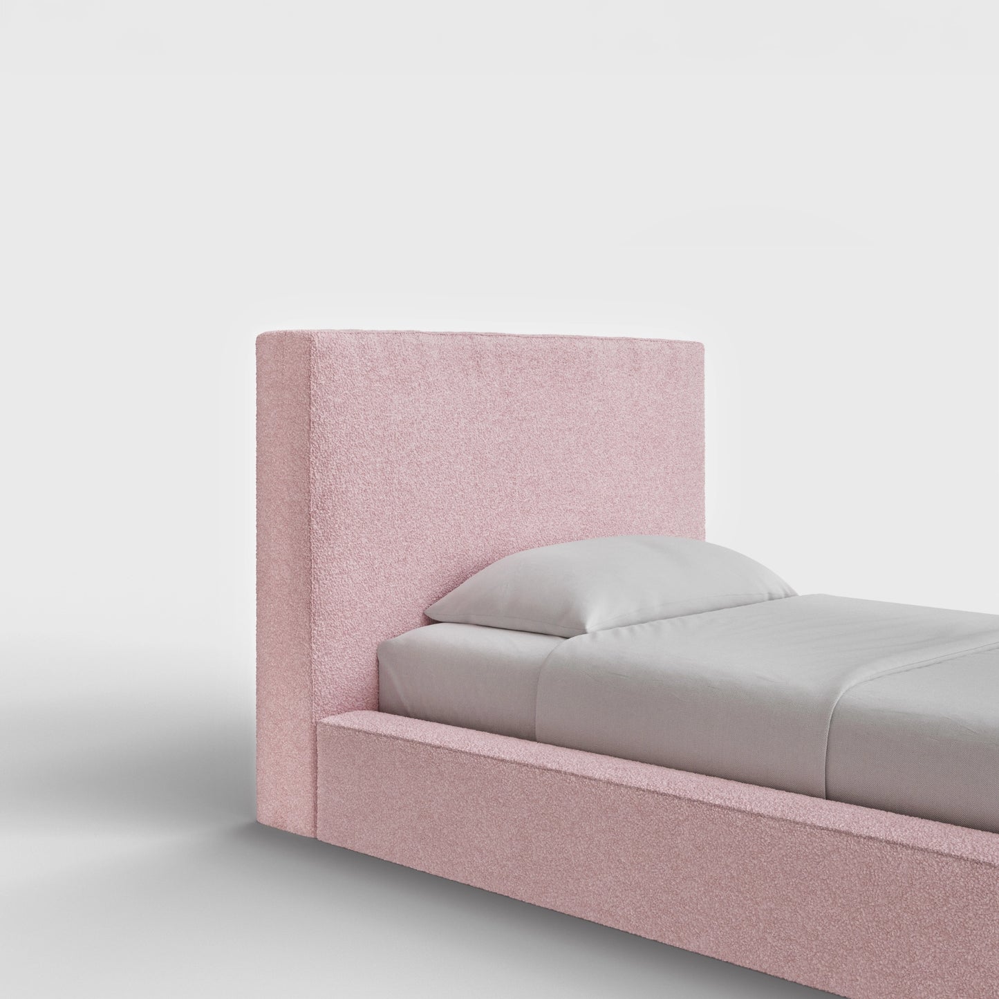Ultra Headboard | Fully Cushioned Rectangular Headboard |  Pink Cotton Candy Boucle Fabric | ¾ View | SoftFrame Designs