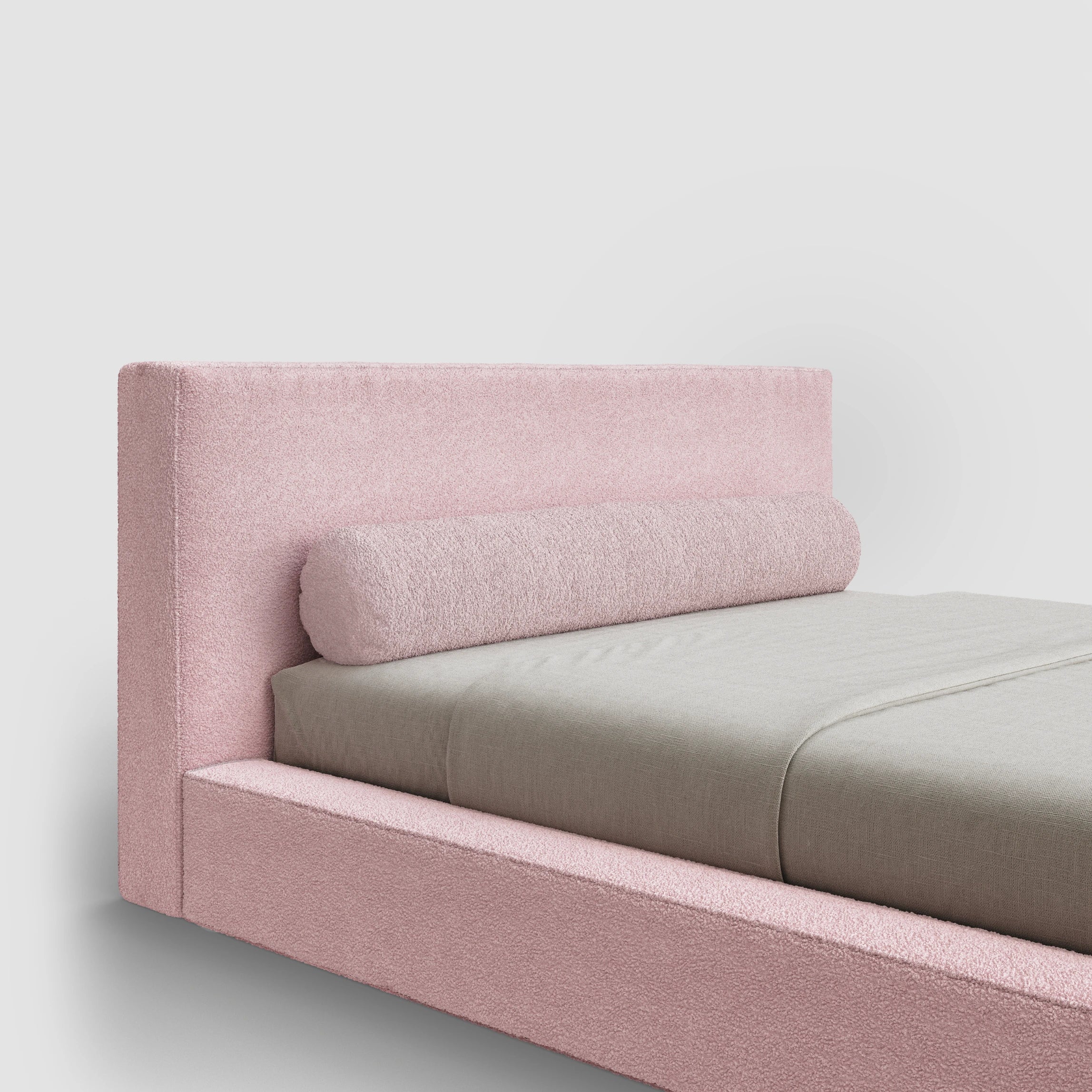 Round Bolster Pillow | Zippered Cover | Pink Cotton Candy Boucle Fabric | ¾ View | SoftFrame Designs