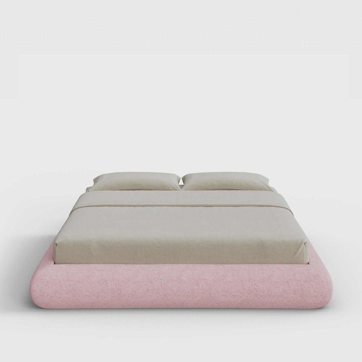 Luna Bed Frame | Fully Cushioned with Rounded Sides |  Pink Cotton Candy Boucle Fabric | Front View | SoftFrame Designs