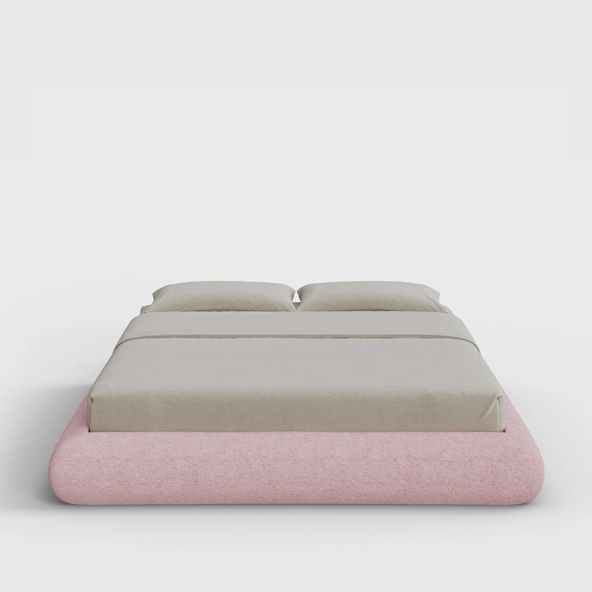 Luna Bed Frame | Fully Cushioned with Rounded Sides |  Pink Cotton Candy Boucle Fabric | Front View | SoftFrame Designs