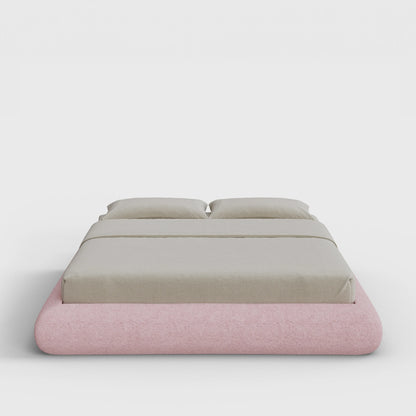 Luna Bed Frame | Fully Cushioned with Rounded Sides |  Pink Cotton Candy Boucle Fabric | Front View | SoftFrame Designs