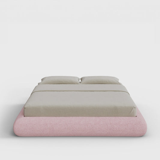 Luna Bed Frame | Fully Cushioned with Rounded Sides |  Pink Cotton Candy Boucle Fabric | Front View | SoftFrame Designs