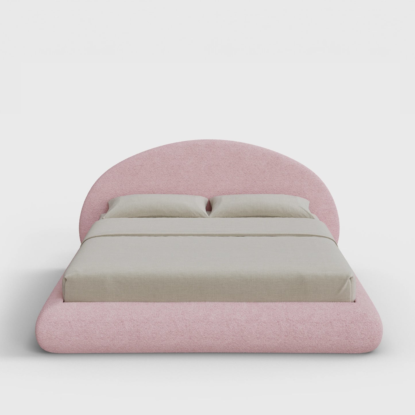 Luna Bed Frame Set | Fully Cushioned with Rounded Sides |  Pink Cotton Candy Boucle Fabric | Front View | SoftFrame Designs