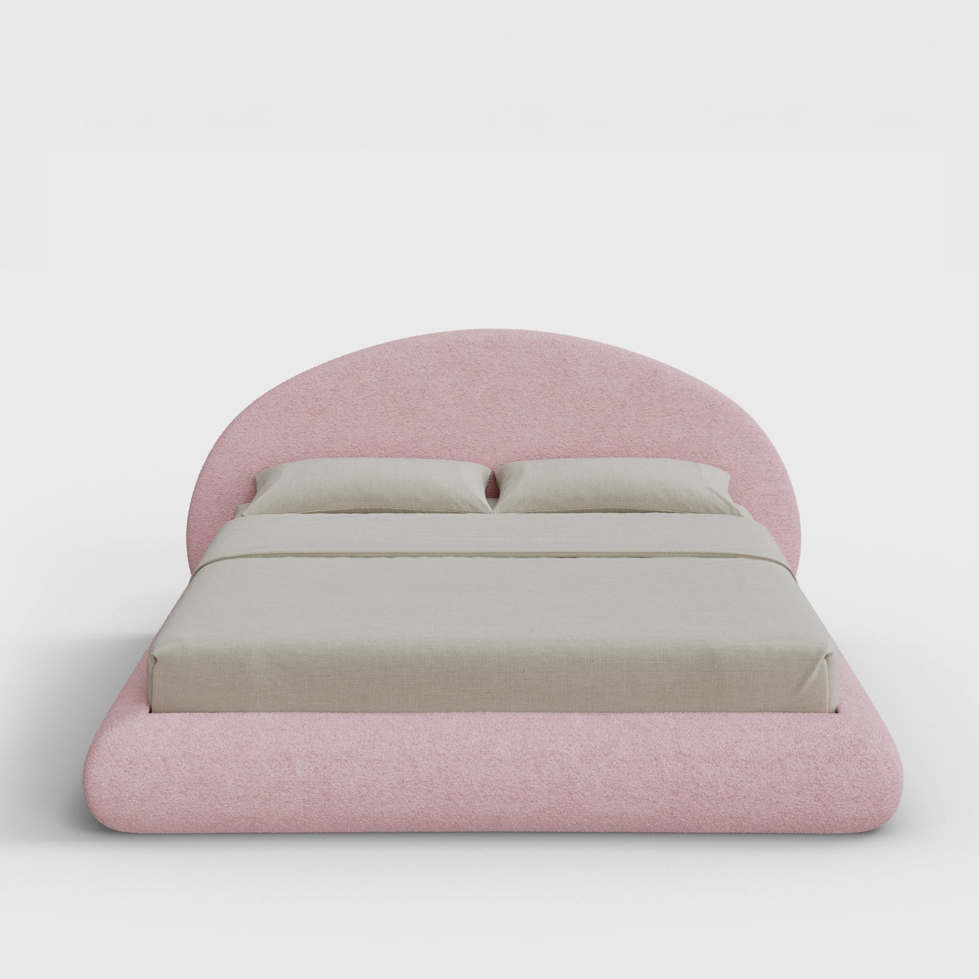 Luna Bed Frame Set | Fully Cushioned with Rounded Sides |  Pink Cotton Candy Boucle Fabric | Front View | SoftFrame Designs