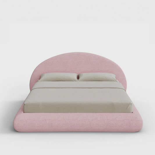 Luna Bed Frame Set | Fully Cushioned with Rounded Sides |  Pink Cotton Candy Boucle Fabric | Front View | SoftFrame Designs