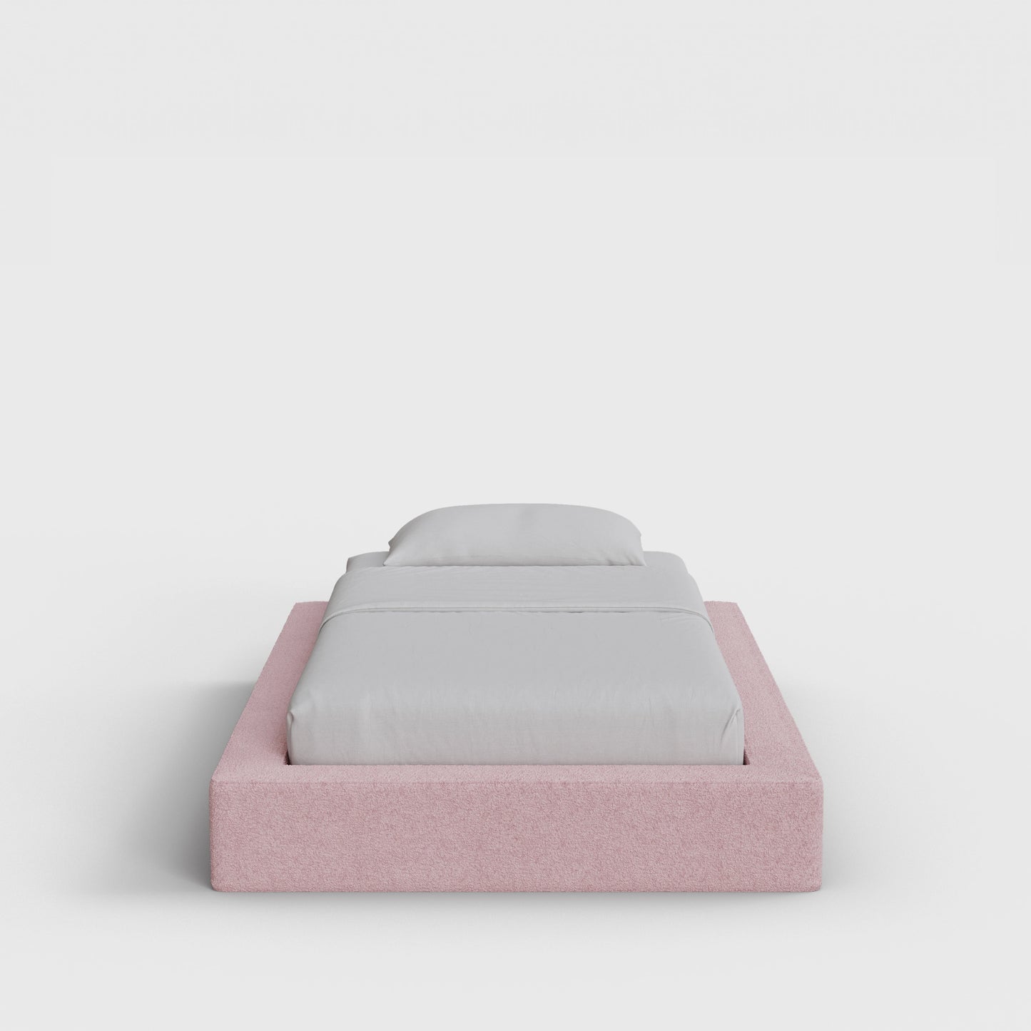 Ultra Bed Frame | Fully Cushioned with Rectangular Sides |  Pink Cotton Candy Boucle Fabric | Front View | SoftFrame Designs