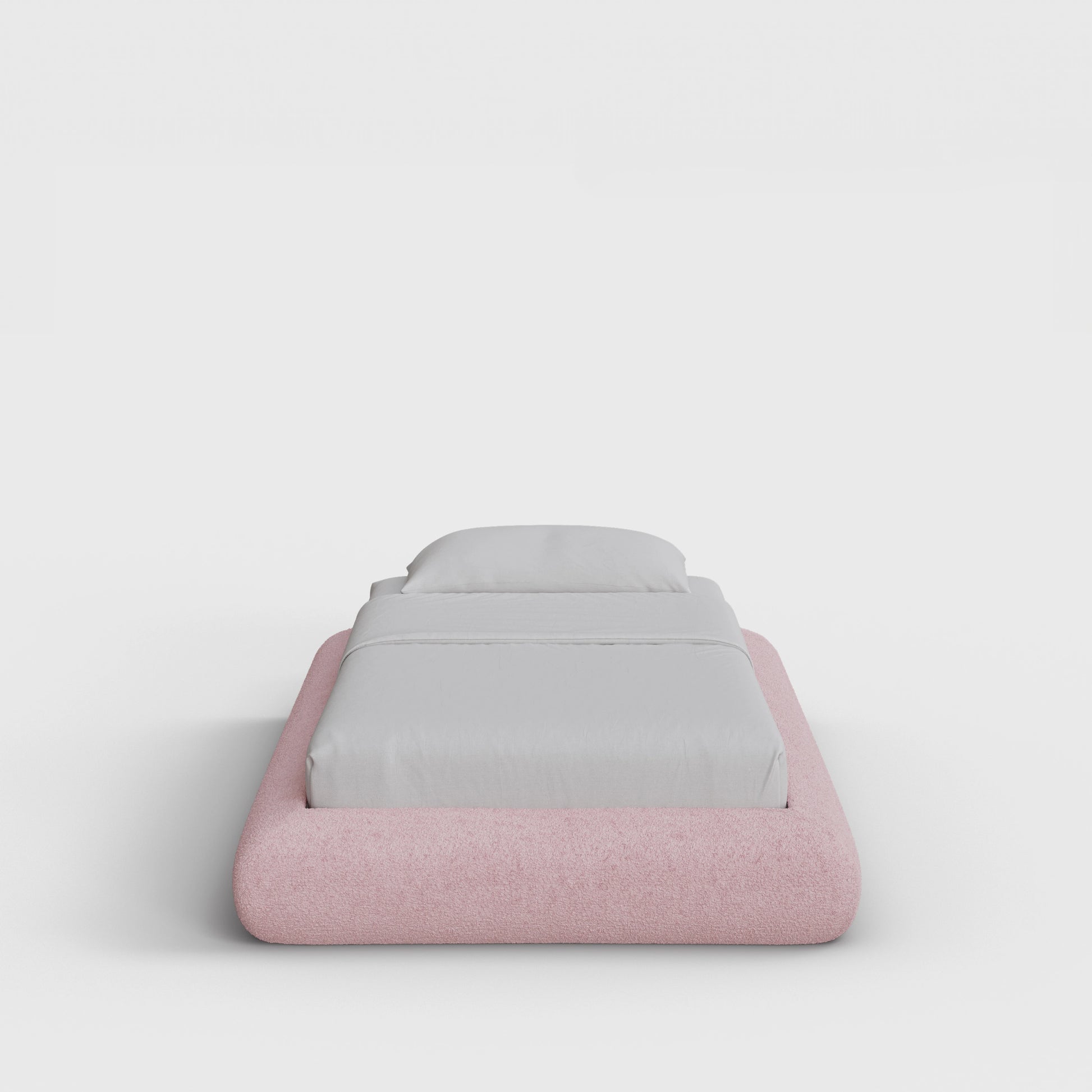 Luna Bed Frame | Fully Cushioned with Rounded Sides |  Pink Cotton Candy Boucle Fabric | Front View | SoftFrame Designs