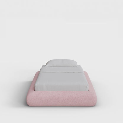 Luna Bed Frame | Fully Cushioned with Rounded Sides |  Pink Cotton Candy Boucle Fabric | Front View | SoftFrame Designs