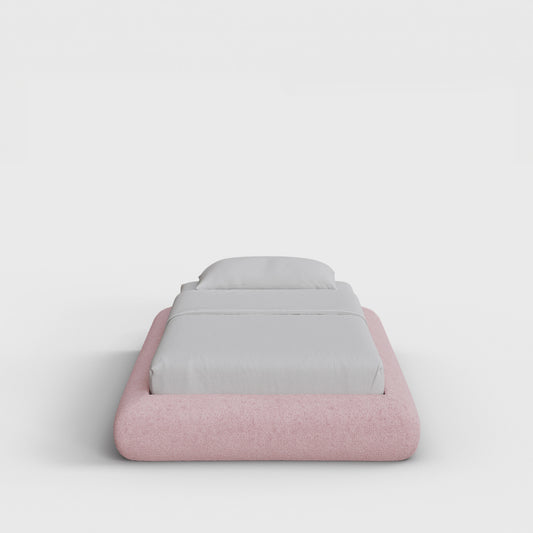Luna Bed Frame | Fully Cushioned with Rounded Sides |  Pink Cotton Candy Boucle Fabric | Front View | SoftFrame Designs