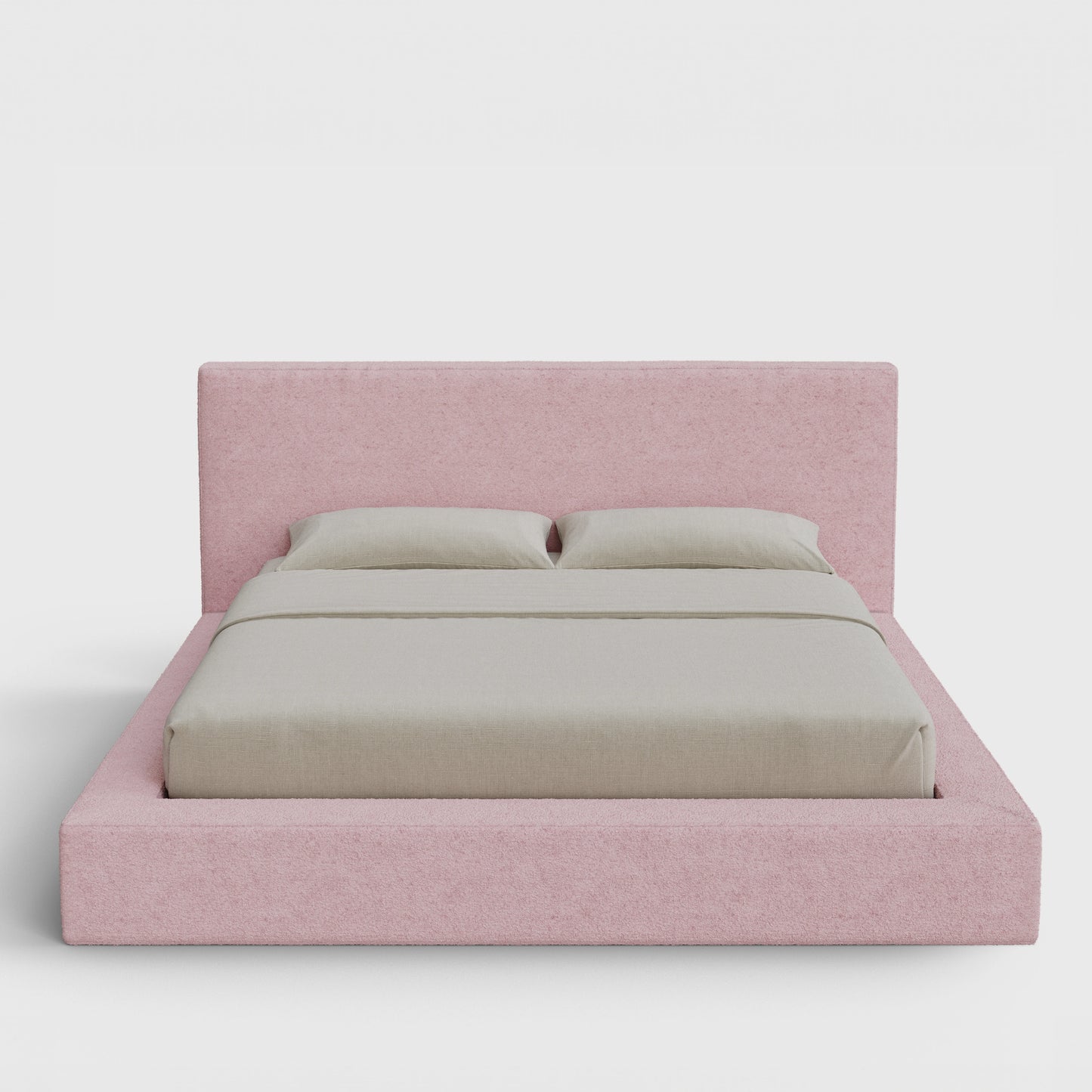 Ultra Bed Frame Set | Fully Cushioned with Rectangular Sides |  Pink Cotton Candy Boucle Fabric | Front View | SoftFrame Designs
