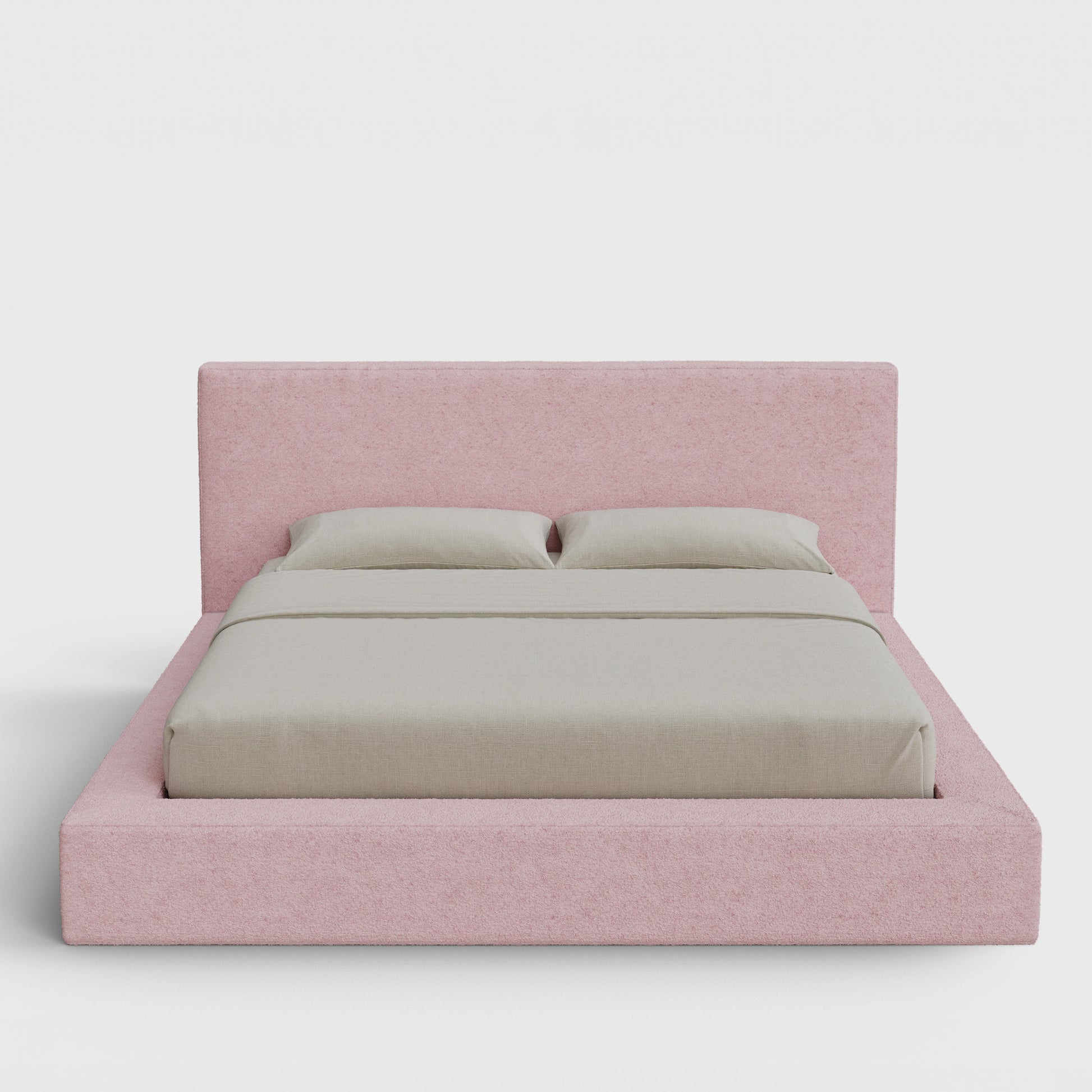 Ultra Bed Frame Set | Fully Cushioned with Rectangular Sides |  Pink Cotton Candy Boucle Fabric | Front View | SoftFrame Designs