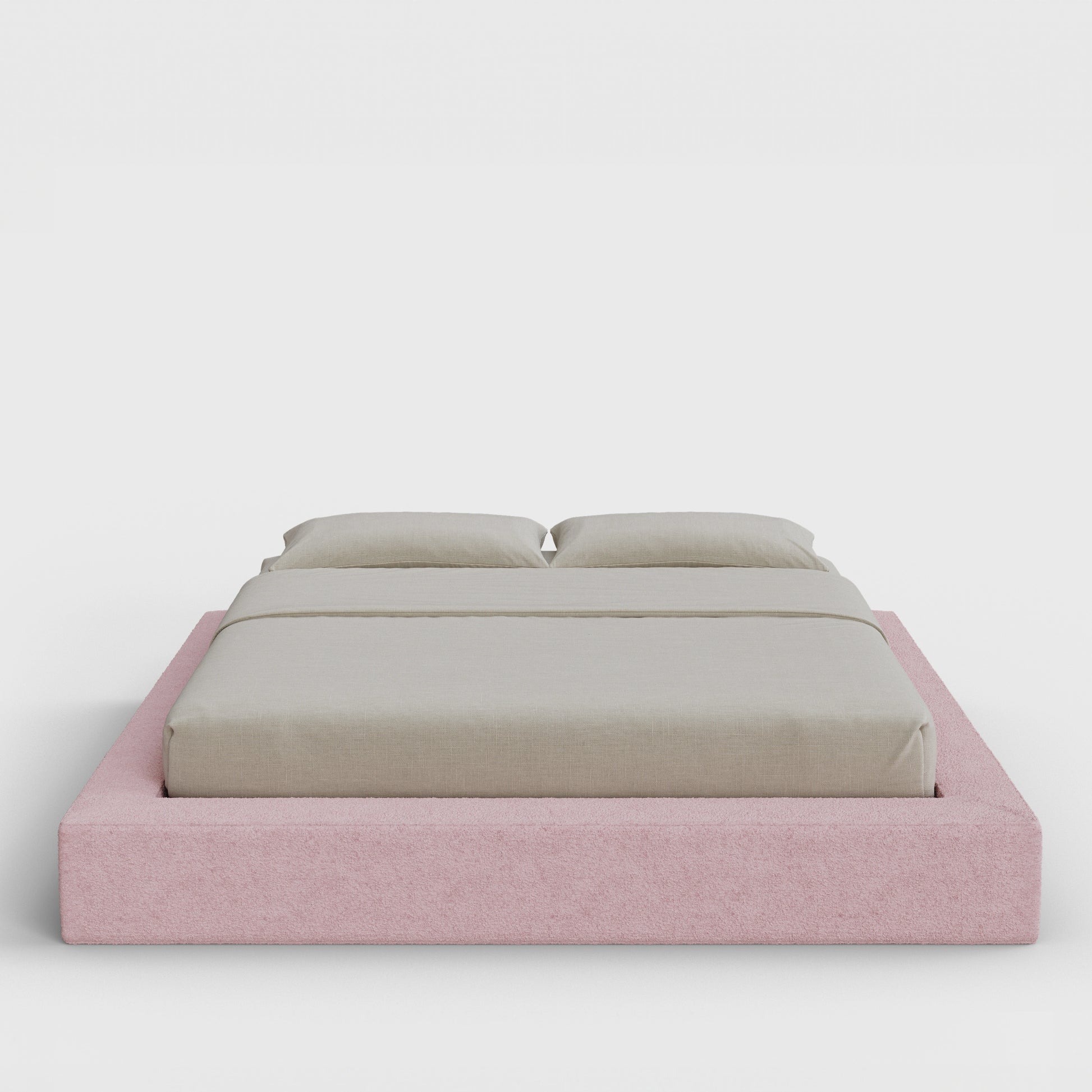 Ultra Bed Frame | Fully Cushioned with Rectangular Sides |  Pink Cotton Candy Boucle Fabric | Front View | SoftFrame Designs