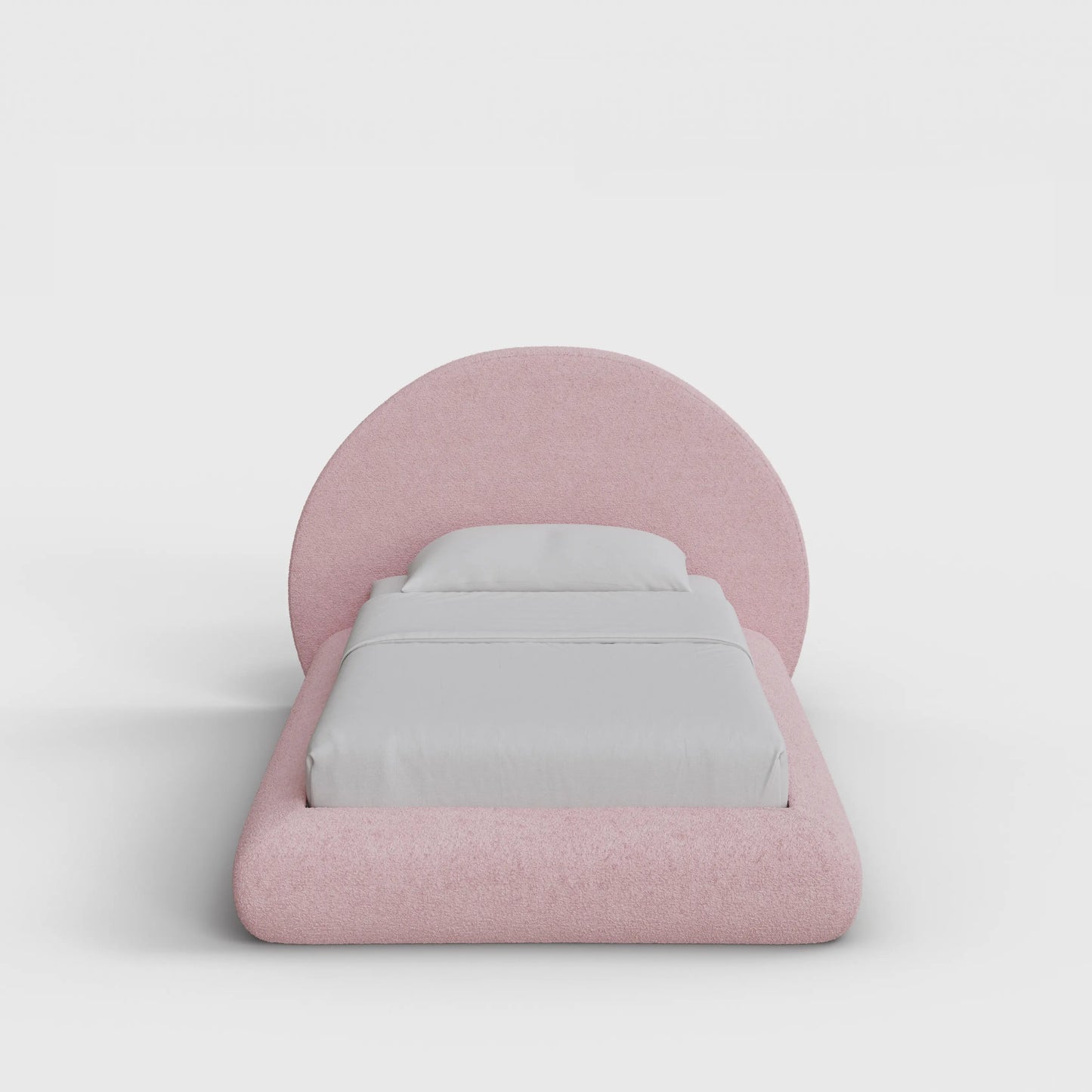 Luna Bed Frame Set | Fully Cushioned with Rounded Sides |  Pink Cotton Candy Boucle Fabric | Front View | SoftFrame Designs