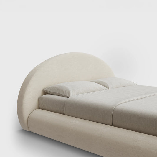 Luna Headboard | Fully Cushioned Rounded Headboard |  Light Beige Dune Fabric | ¾ View | SoftFrame Designs