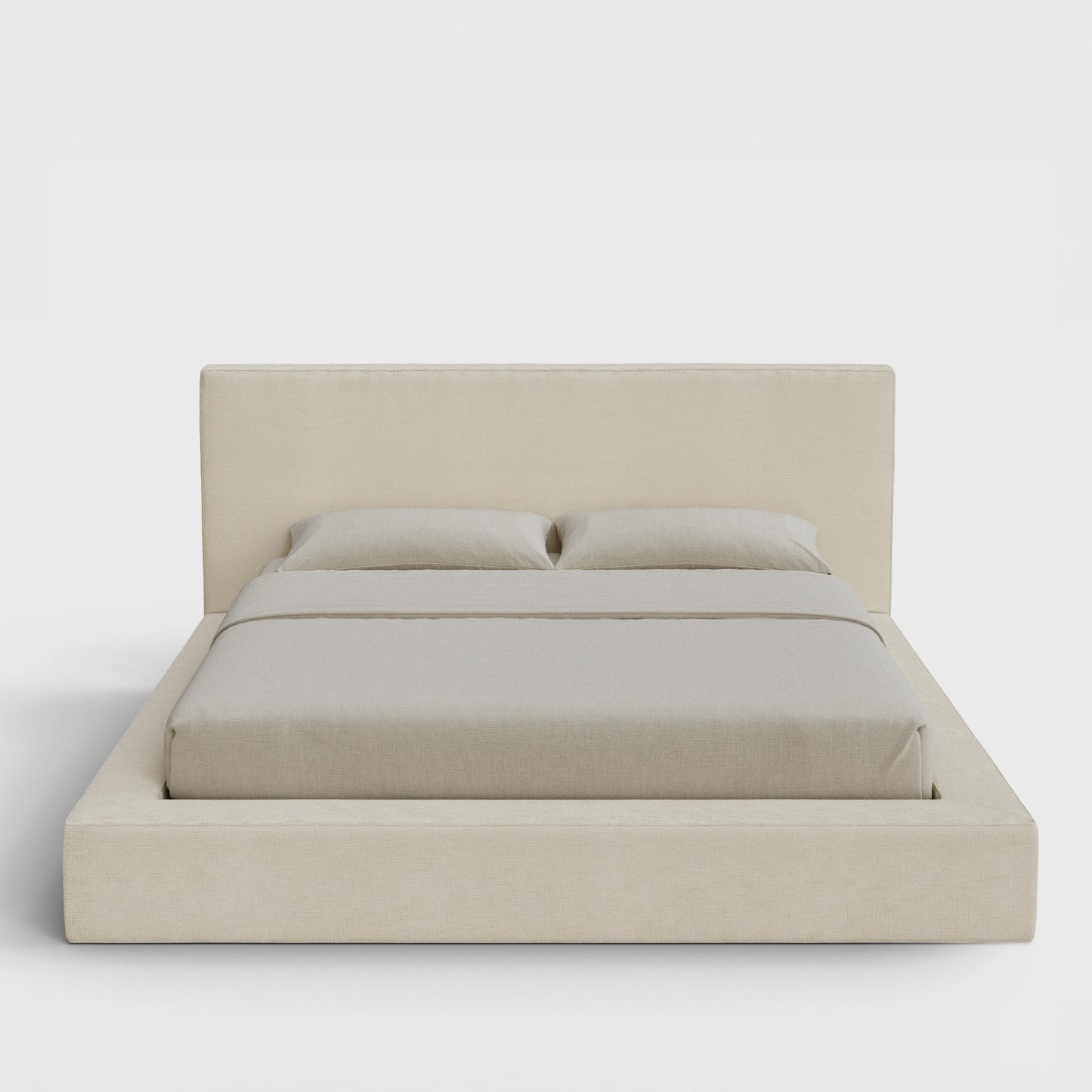Ultra Bed Frame Set | Fully Cushioned with Rectangular Sides |  Light Beige Dune Fabric | Front View | SoftFrame Designs