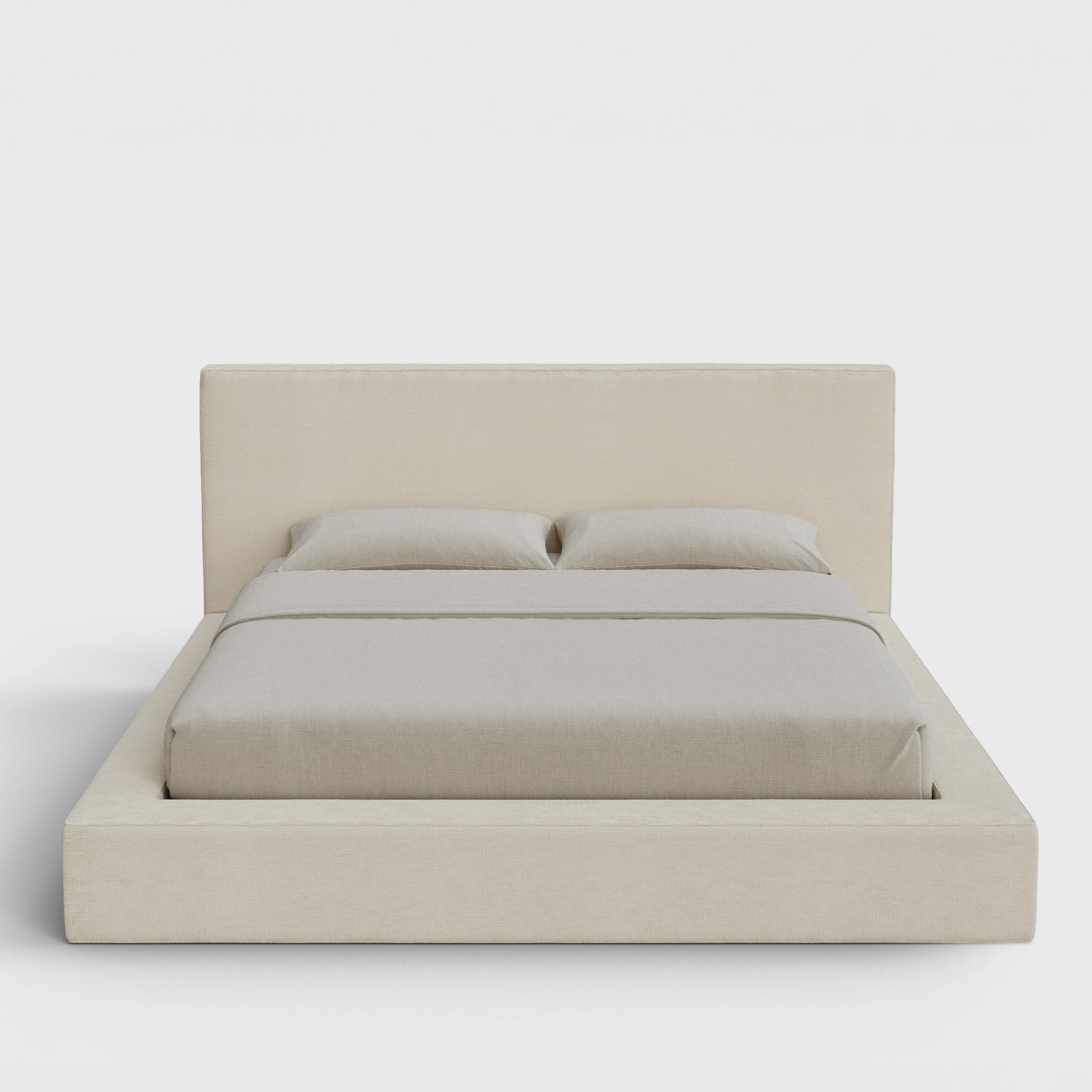 Ultra Bed Frame Set | Fully Cushioned with Rectangular Sides |  Light Beige Dune Fabric | Front View | SoftFrame Designs
