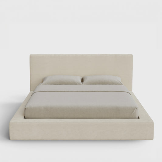 Ultra Bed Frame Set | Fully Cushioned with Rectangular Sides |  Light Beige Dune Fabric | Front View | SoftFrame Designs