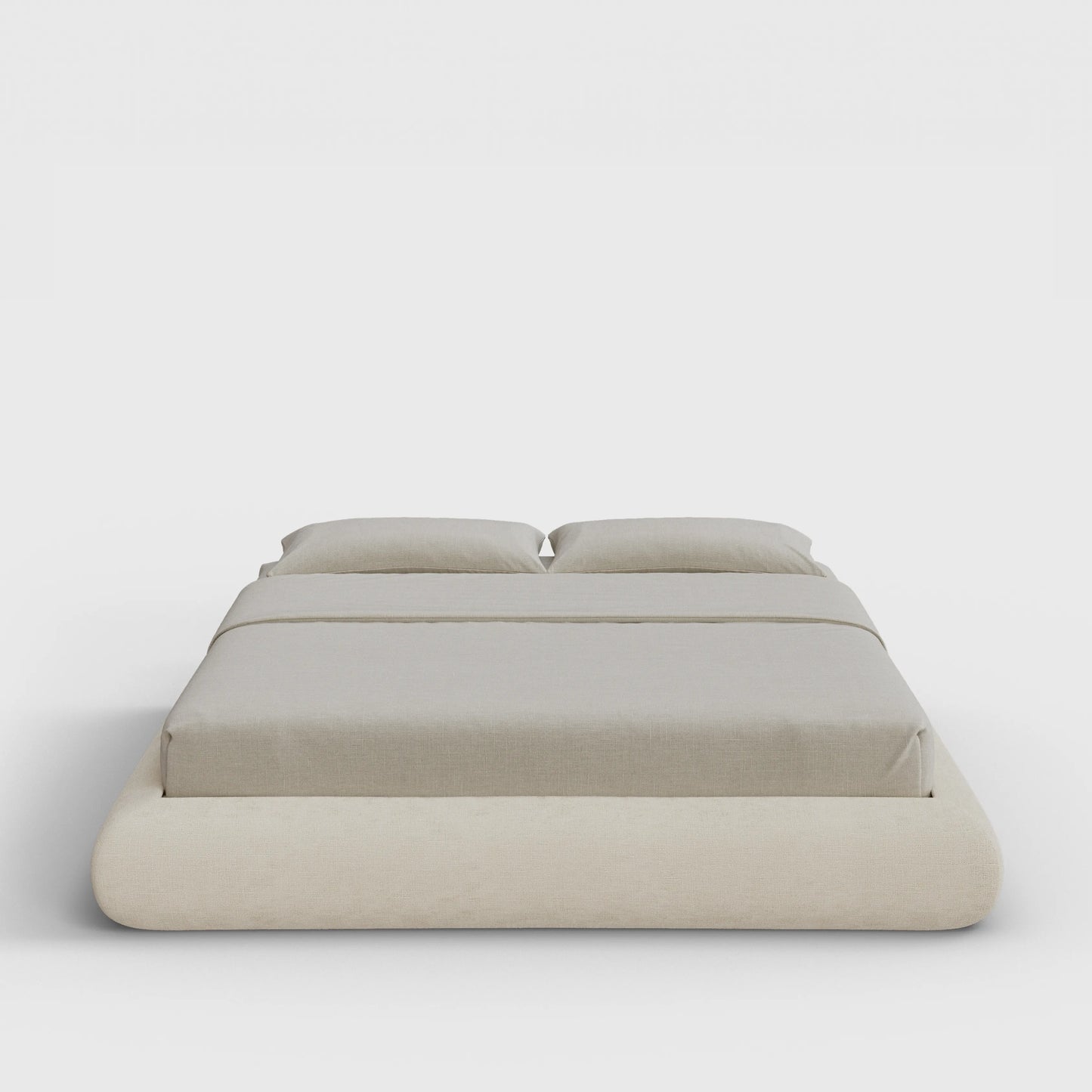 Luna Bed Frame | Fully Cushioned with Rounded Sides |  Light Beige Dune Fabric | Front View | SoftFrame Designs