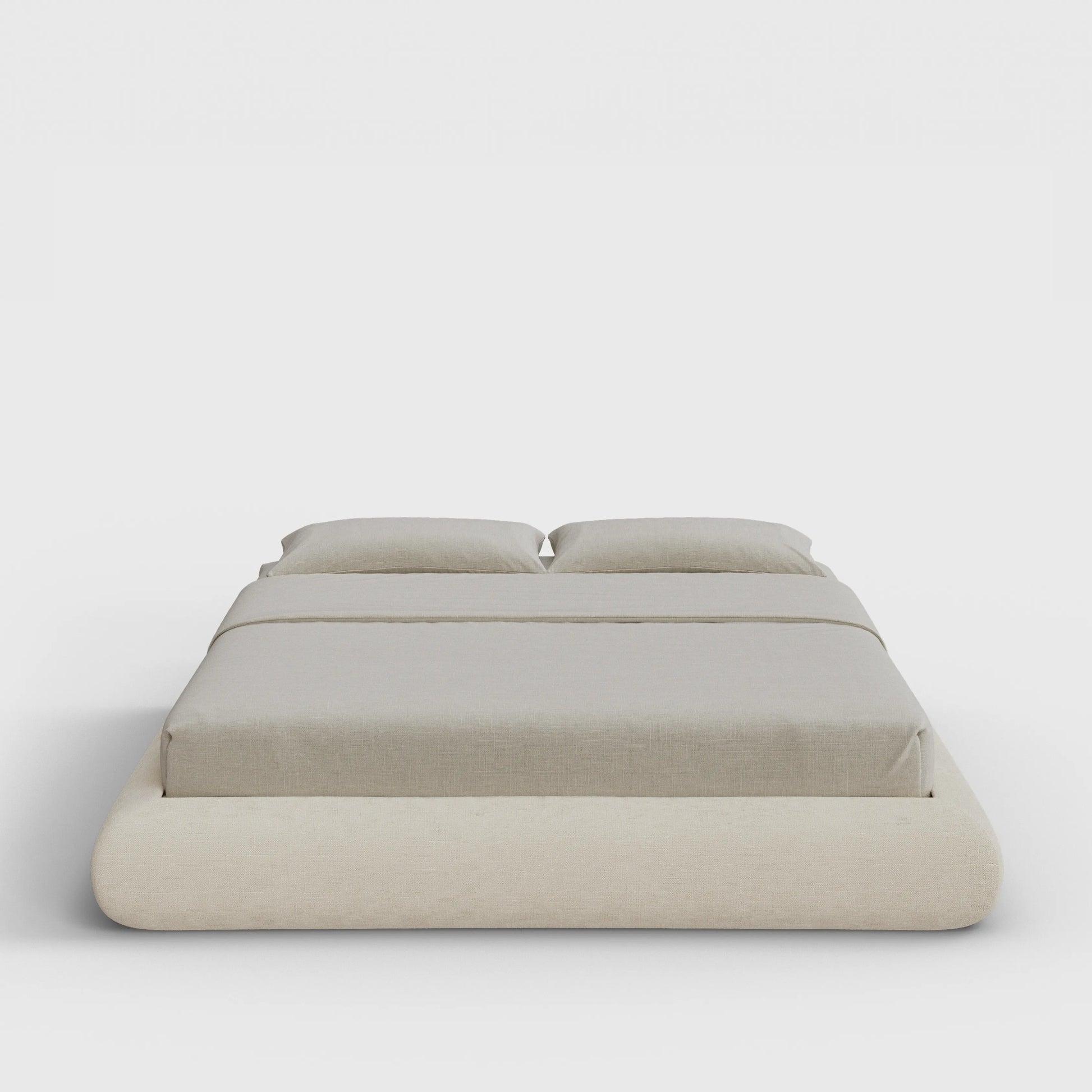 Luna Bed Frame | Fully Cushioned with Rounded Sides |  Light Beige Dune Fabric | Front View | SoftFrame Designs