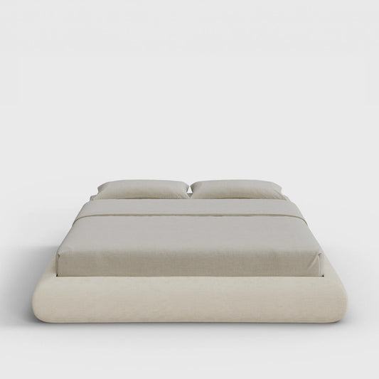 Luna Bed Frame | Fully Cushioned with Rounded Sides |  Light Beige Dune Fabric | Front View | SoftFrame Designs