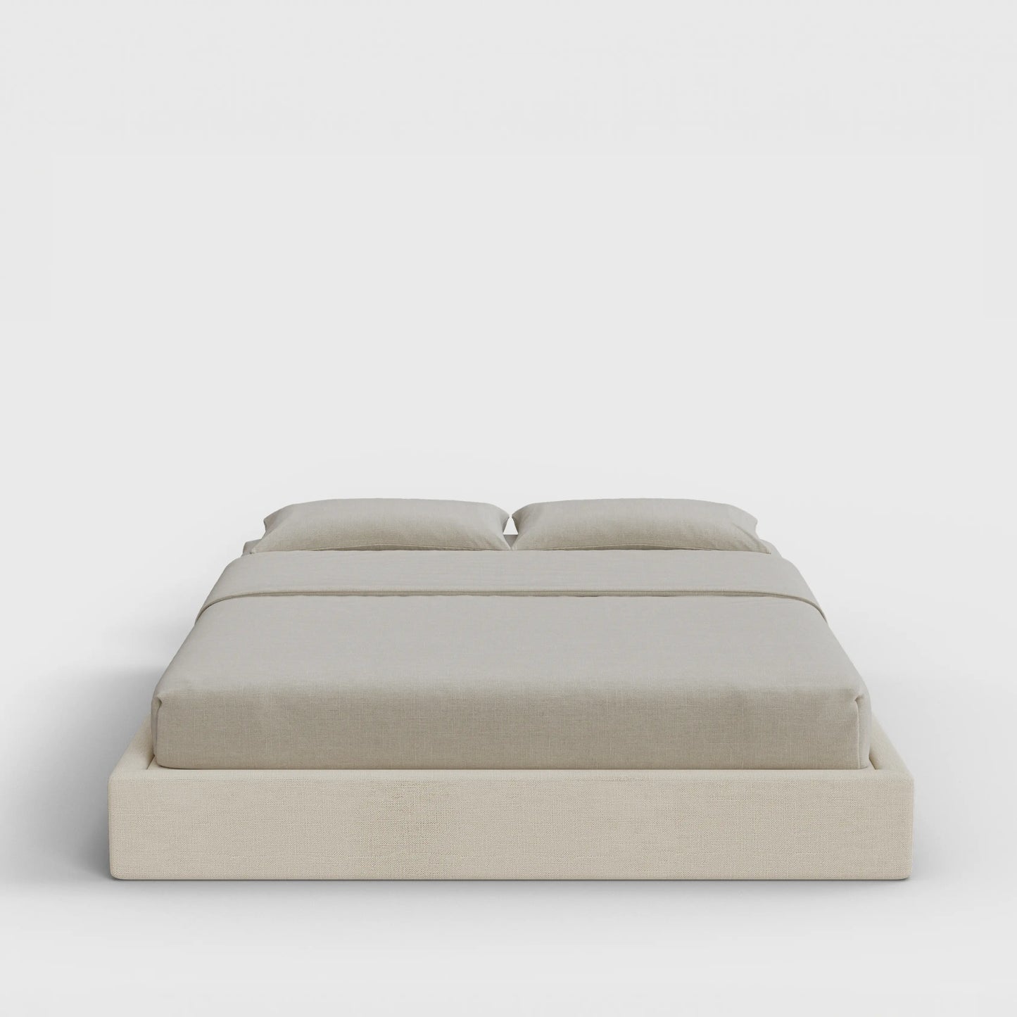 Classic Bed Frame | Fully Cushioned with Slim Rectangular Sides |  Light Beige Dune Fabric | Front View | SoftFrame Designs