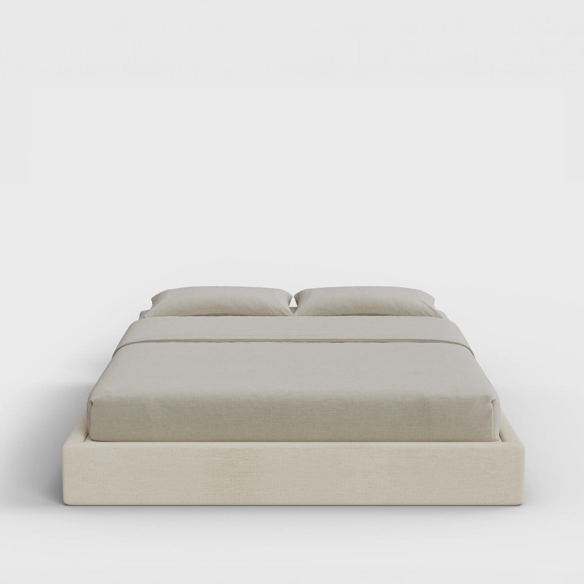 Classic Bed Frame | Fully Cushioned with Slim Rectangular Sides |  Light Beige Dune Fabric | Front View | SoftFrame Designs