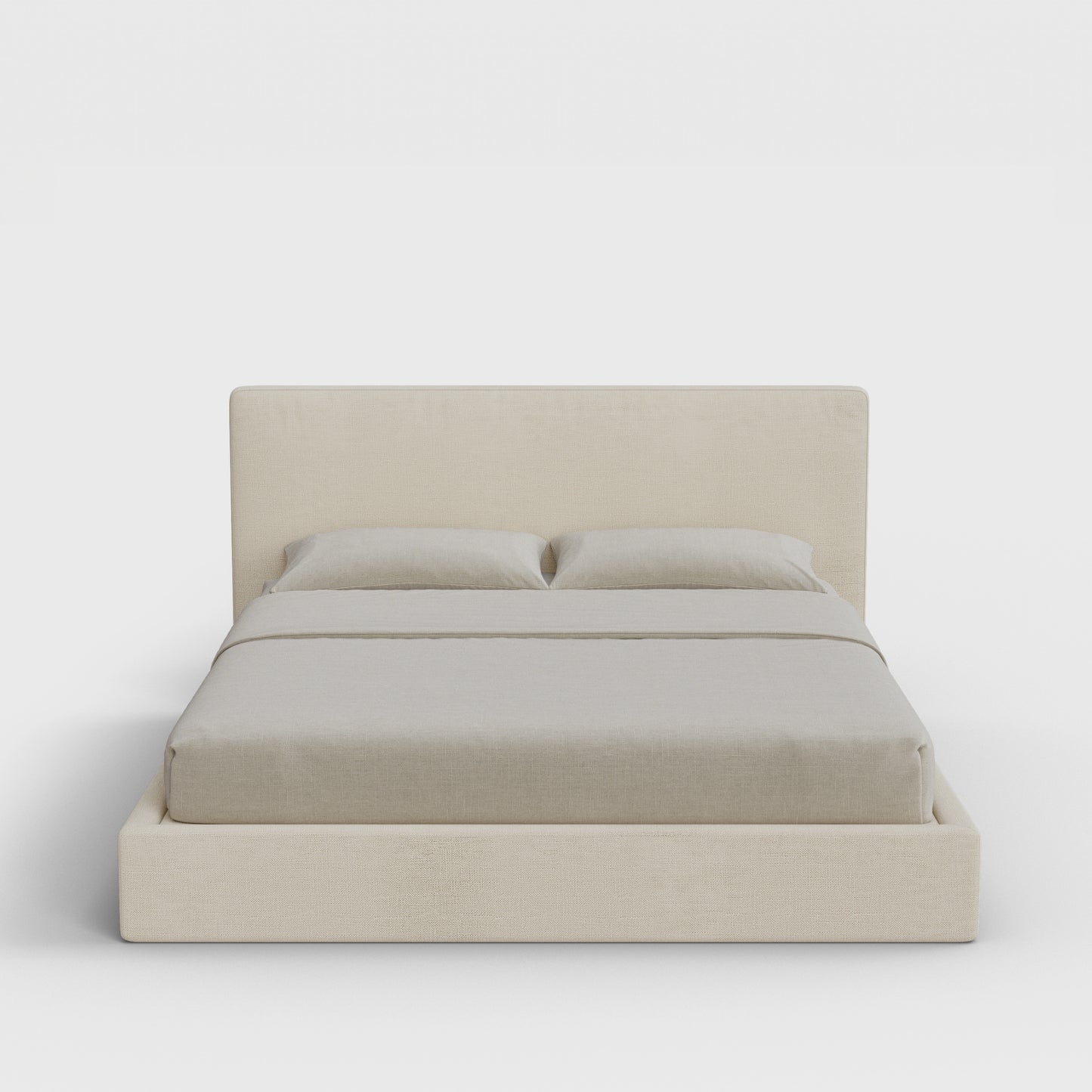Classic Bed Frame Set | Fully Cushioned with Slim Rectangular Sides | Light Beige Dune Fabric | Front View | SoftFrame Designs
