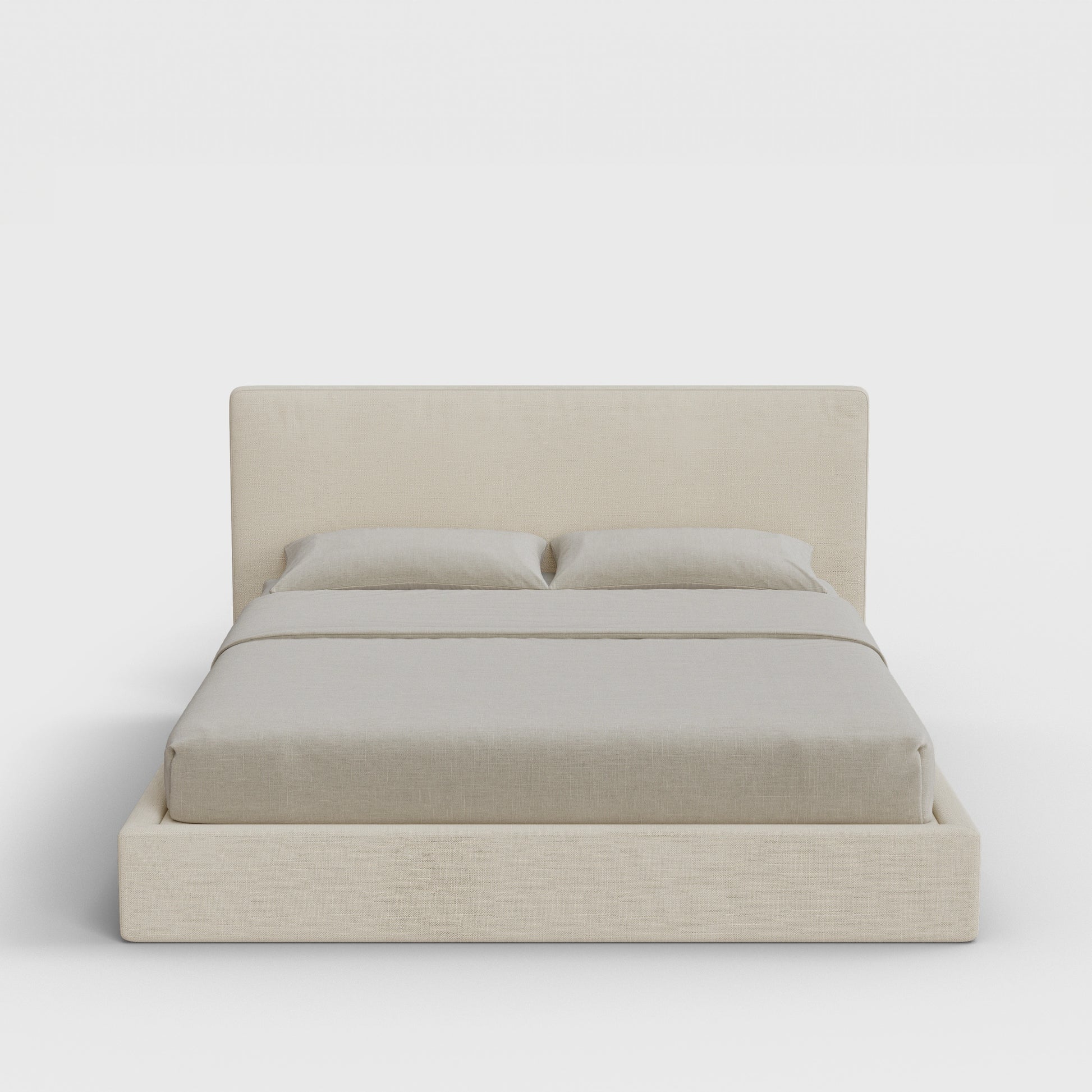 Classic Bed Frame Set | Fully Cushioned with Slim Rectangular Sides | Light Beige Dune Fabric | Front View | SoftFrame Designs