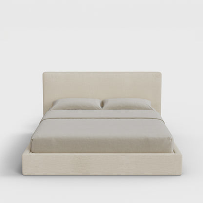 Classic Bed Frame Set | Fully Cushioned with Slim Rectangular Sides | Light Beige Dune Fabric | Front View | SoftFrame Designs