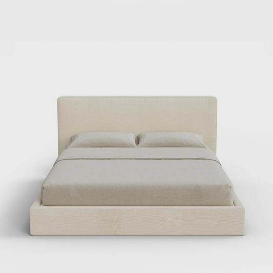 Classic Bed Frame Set | Fully Cushioned with Slim Rectangular Sides | Light Beige Dune Fabric | Front View | SoftFrame Designs