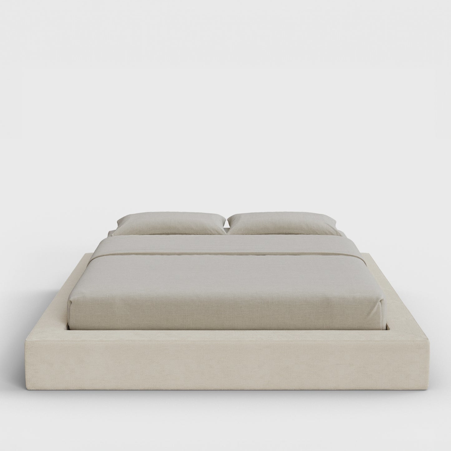 Ultra Bed Frame | Fully Cushioned with Rectangular Sides |  Light Beige Dune Fabric | Front View | SoftFrame Designs