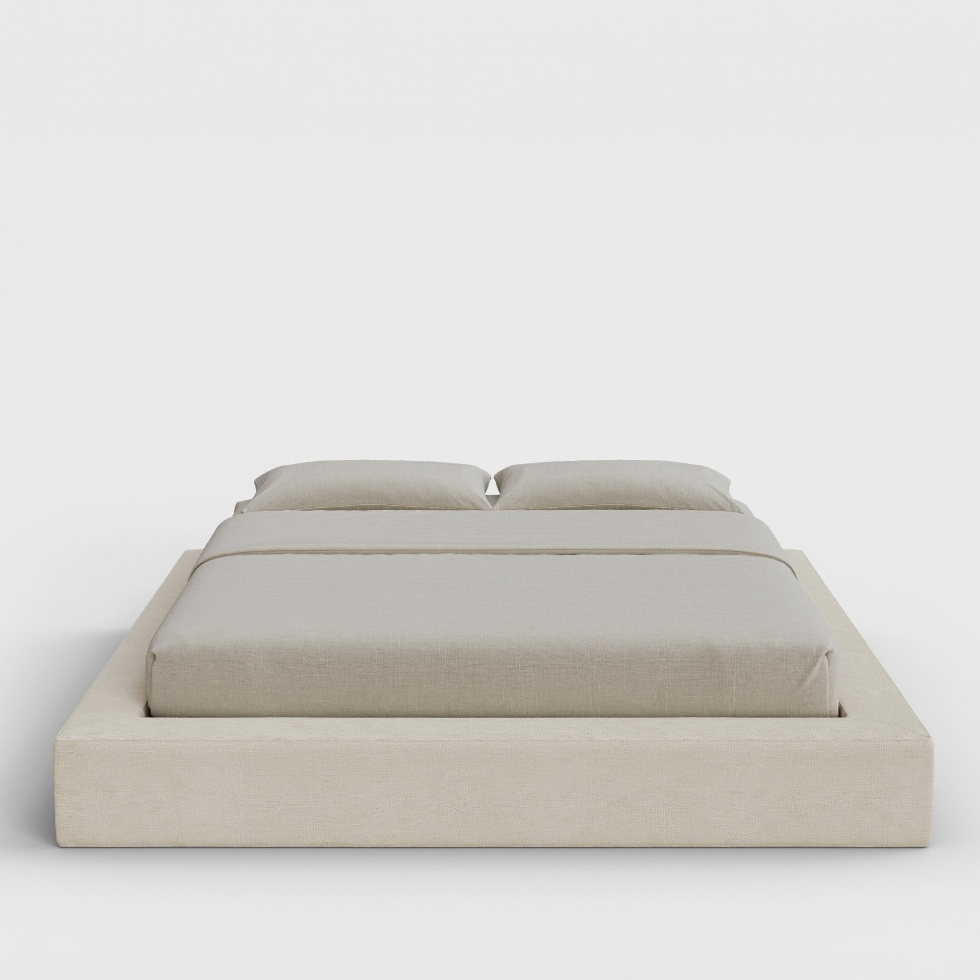 Ultra Bed Frame | Fully Cushioned with Rectangular Sides |  Light Beige Dune Fabric | Front View | SoftFrame Designs