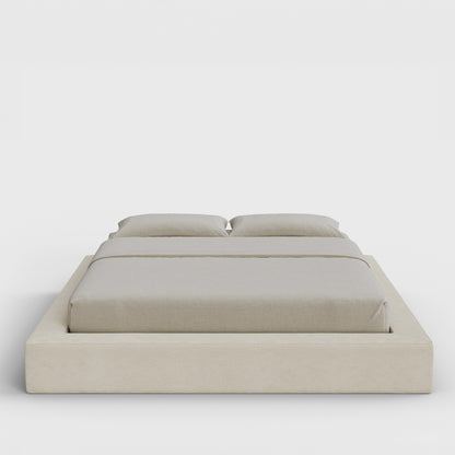 Ultra Bed Frame | Fully Cushioned with Rectangular Sides |  Light Beige Dune Fabric | Front View | SoftFrame Designs