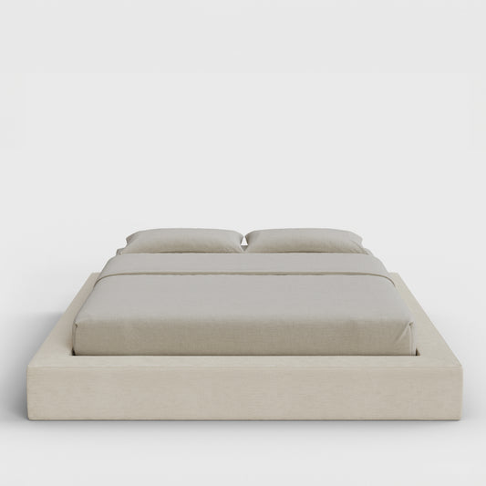 Ultra Bed Frame | Fully Cushioned with Rectangular Sides |  Light Beige Dune Fabric | Front View | SoftFrame Designs
