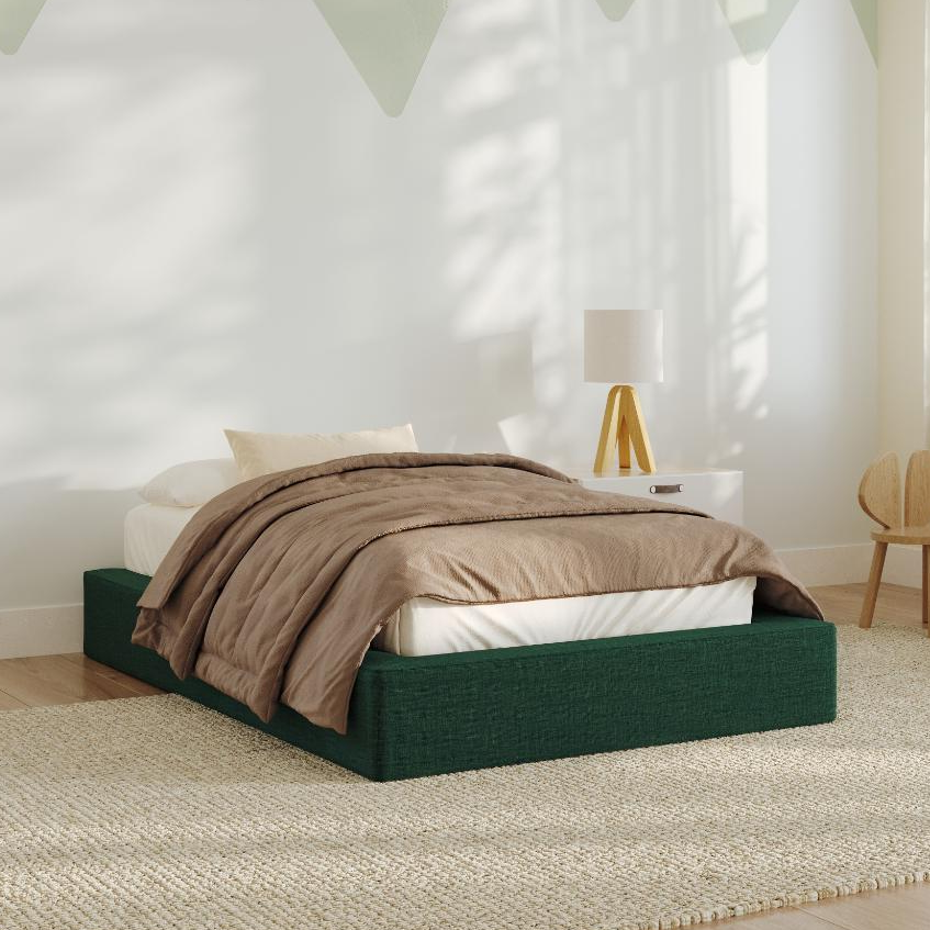 Bedroom with a green bed, white nightstand, and lamp | Kids Ultra Bed Frame in Forest | 3-4 Angle