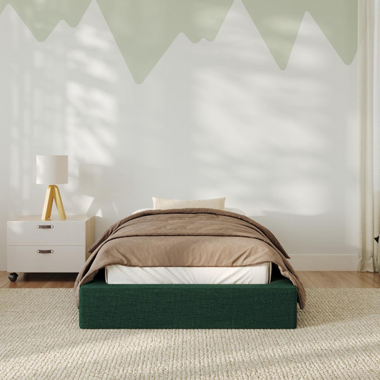 Bedroom with a green bed, white nightstand, and lamp | Kids Ultra Bed Frame in Forest