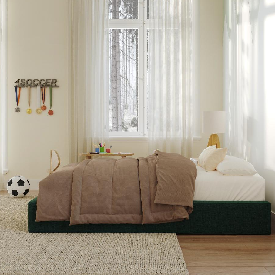 Bedroom with a green bed, white nightstand, and lamp | Kids Ultra Bed Frame in Forest | Side View