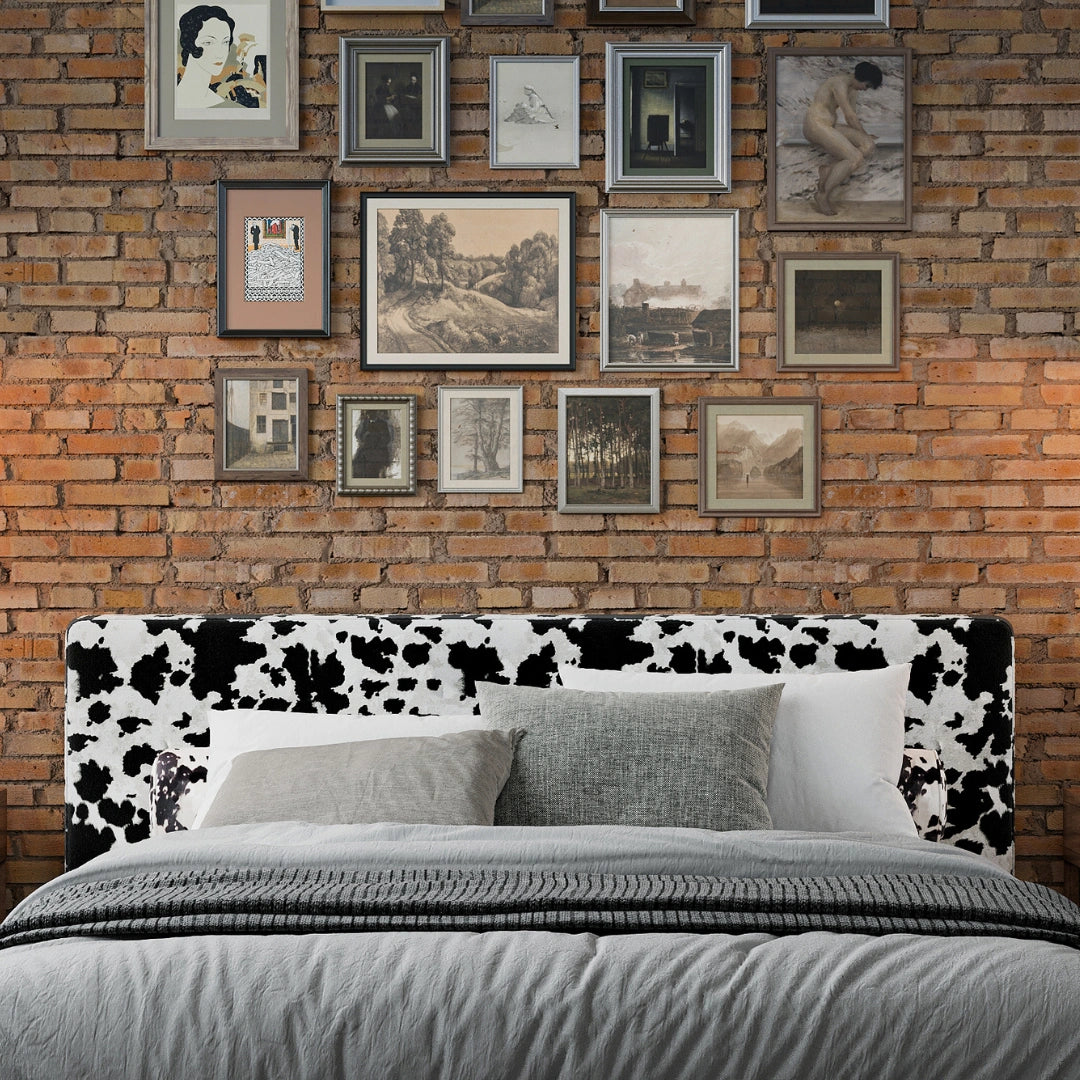 SoftFrame Designs | Cloud bed| All cushioned Headboard| Vegan Cowhide | Black and white| side view| Upholstered bed|