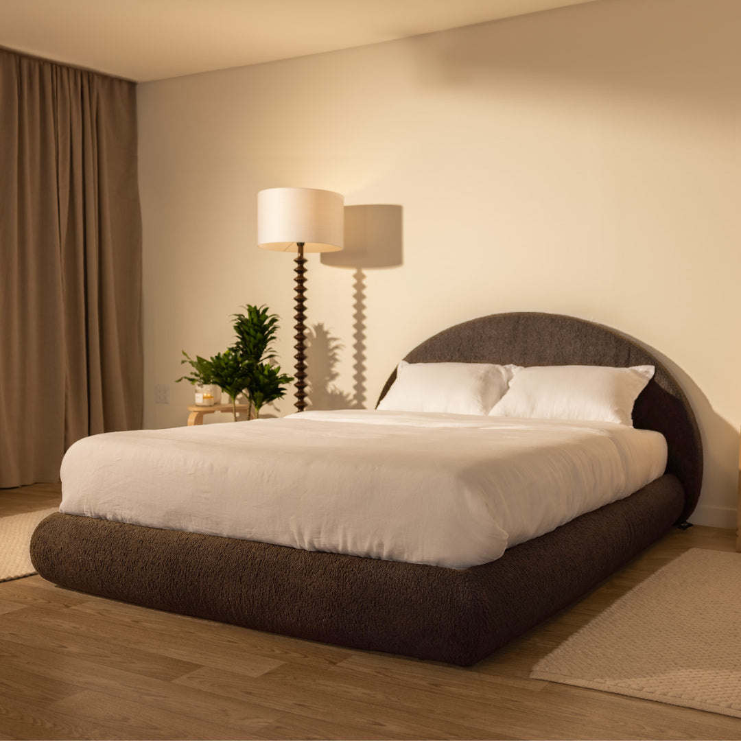Modern bedroom with a queen soft bed frame, lamps, and decor | Luna Set in Chocolate | SoftFrame® Designs