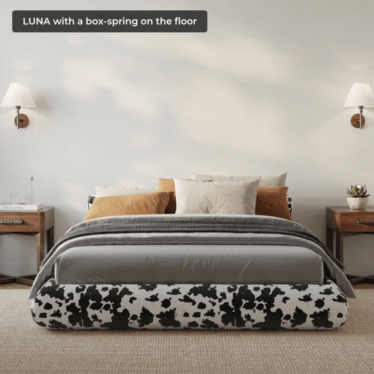 All cushioned bed frame| Luna bed frame| Vegan cowhide| Front view angle|